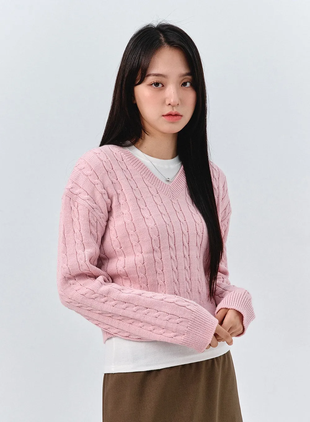 Cable Knit V-Neck Sweater OO316