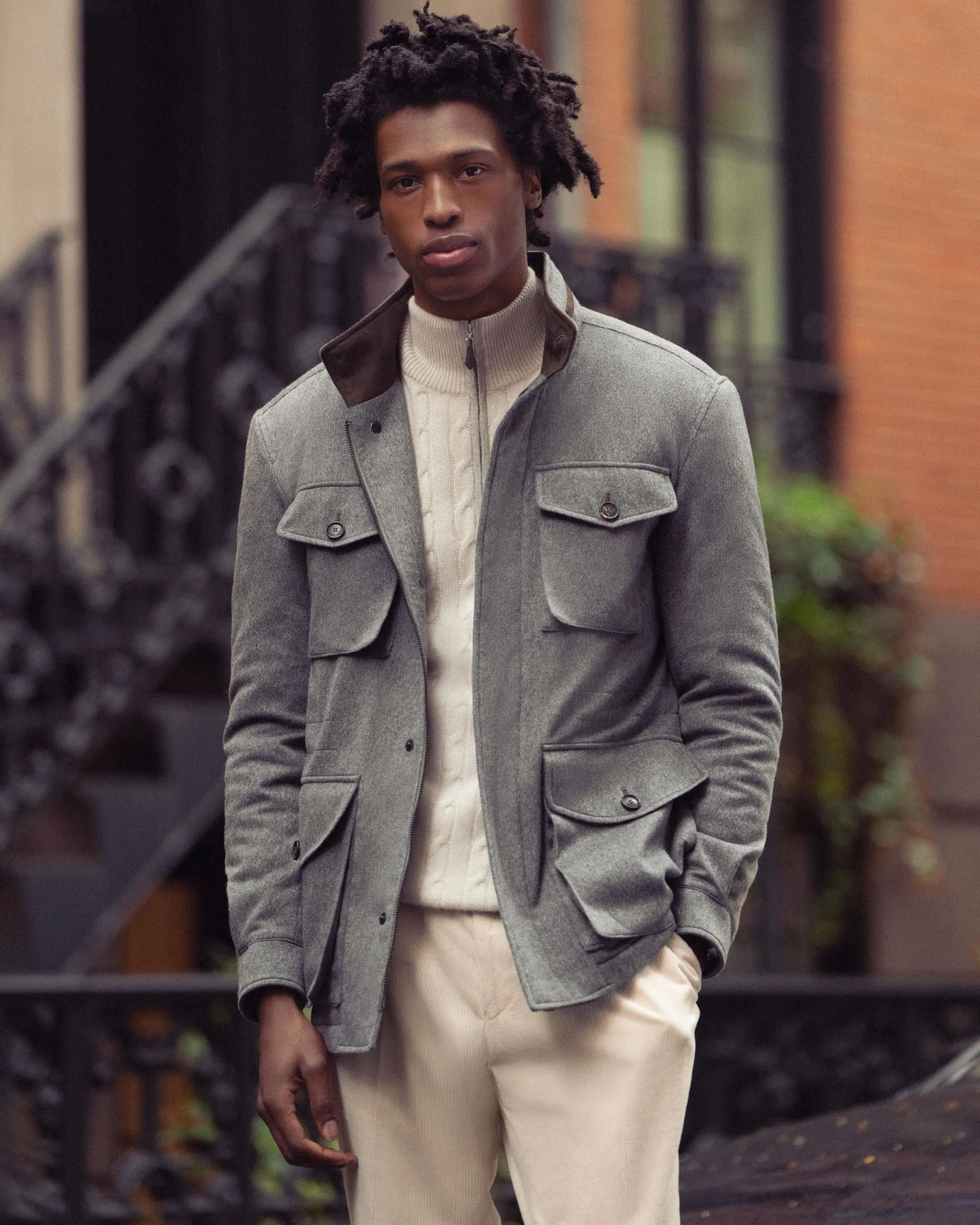Mens Frost White Cable Knit Half Zip Cashmere Sweater - Albemarle Collection