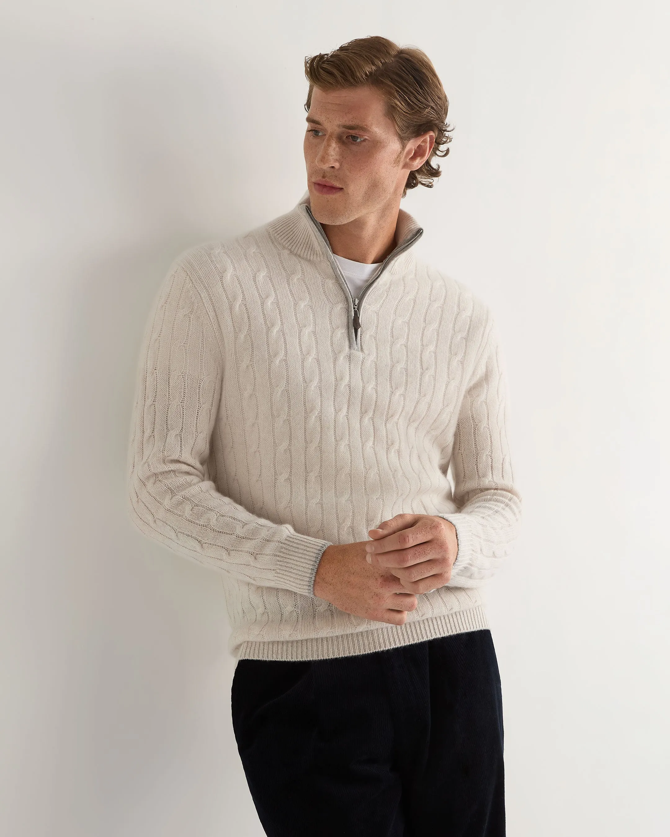 Mens Frost White Cable Knit Half Zip Cashmere Sweater - Albemarle Collection