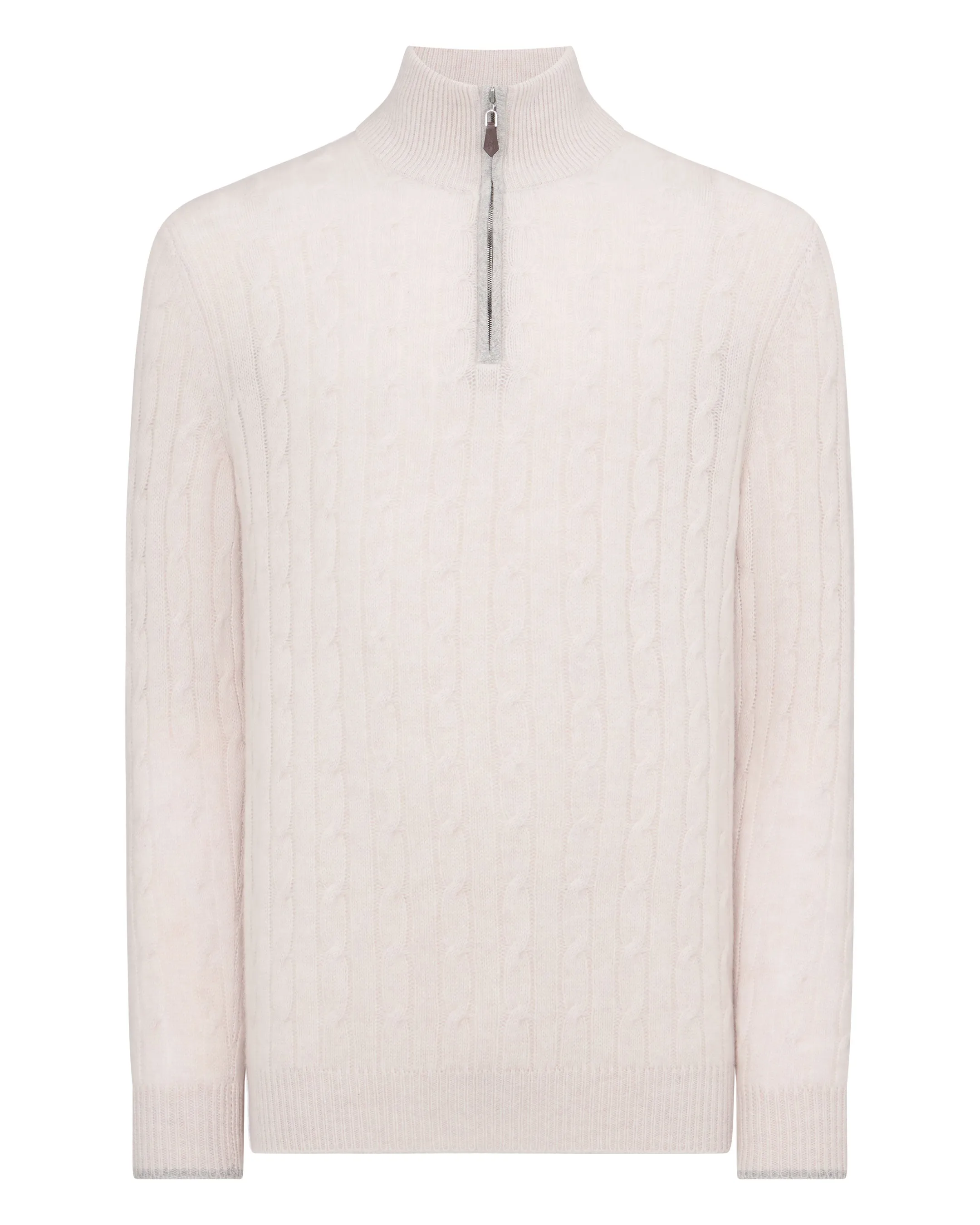 Mens Frost White Cable Knit Half Zip Cashmere Sweater - Albemarle Collection