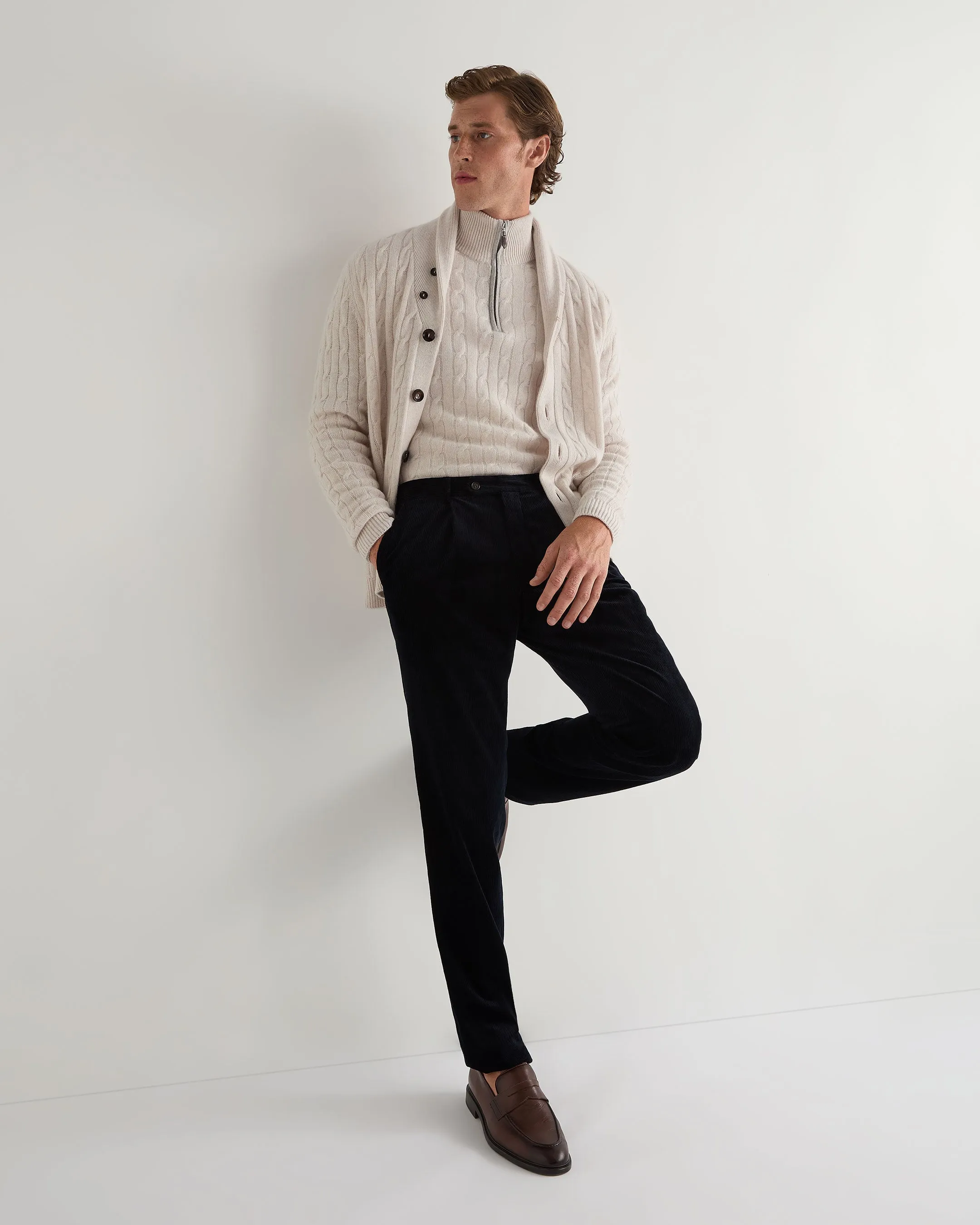 Mens Frost White Cable Knit Half Zip Cashmere Sweater - Albemarle Collection