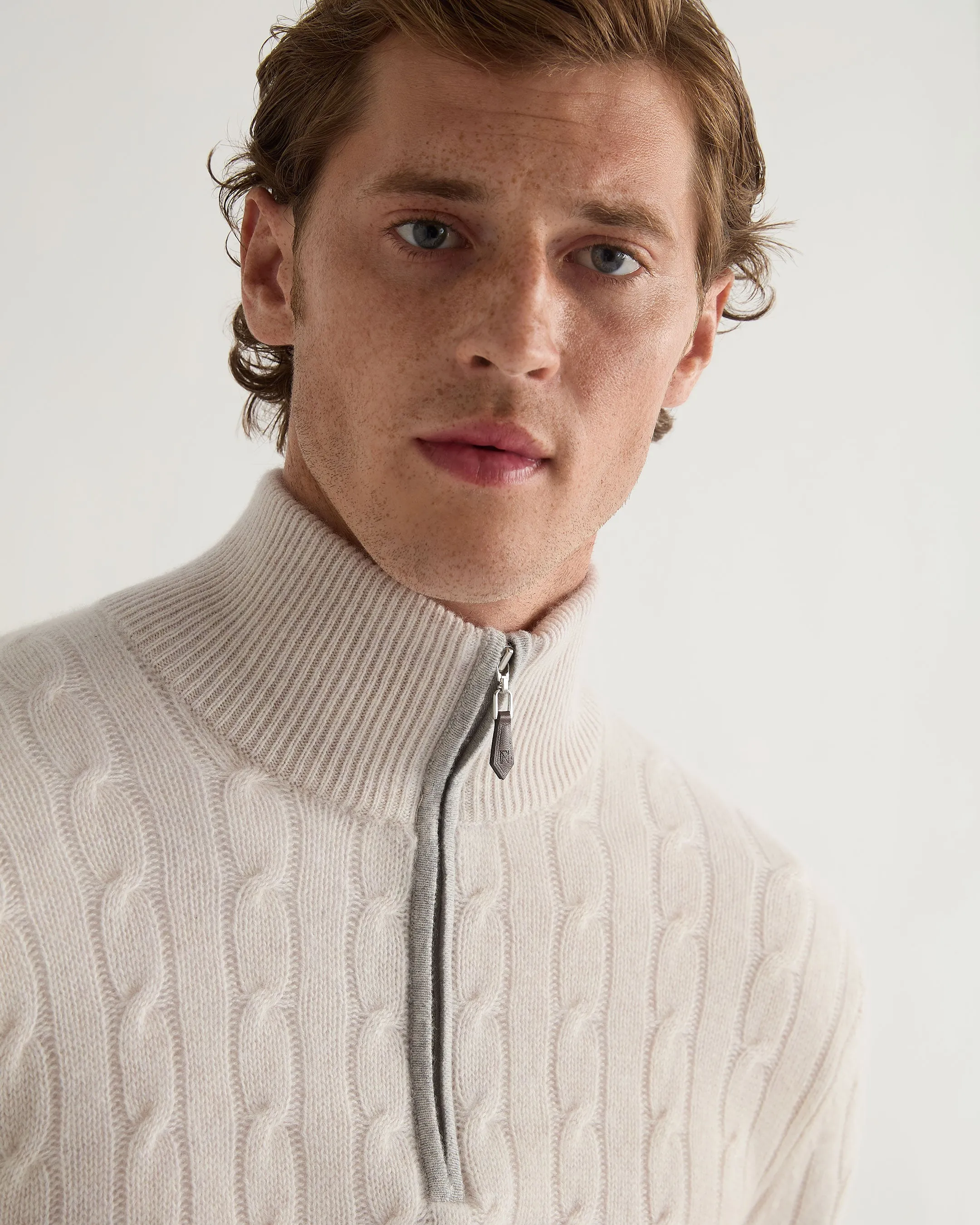 Mens Frost White Cable Knit Half Zip Cashmere Sweater - Albemarle Collection