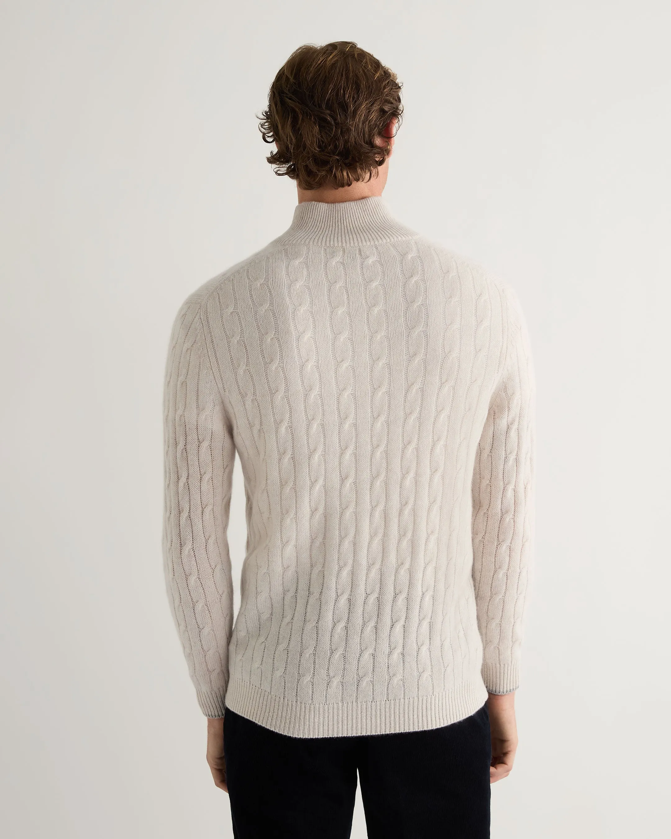 Mens Frost White Cable Knit Half Zip Cashmere Sweater - Albemarle Collection