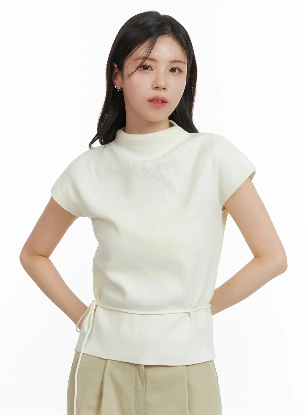 Mock Neck Waist Strap Knit Top OA419
