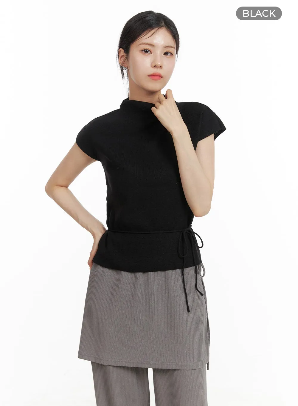 Mock Neck Waist Strap Knit Top OA419