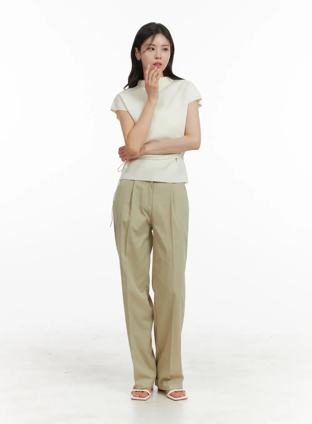 Mock Neck Waist Strap Knit Top OA419